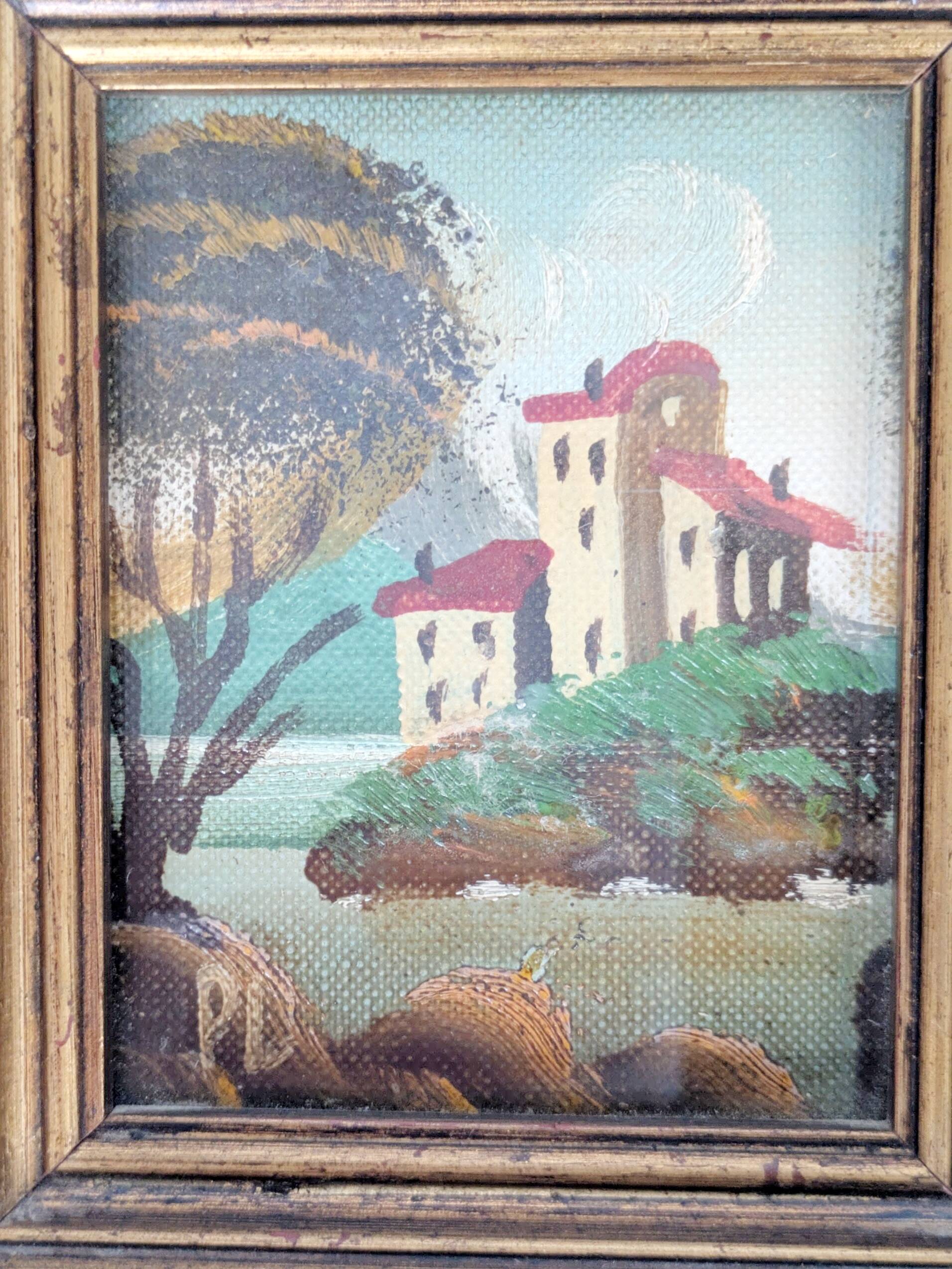 Pair of small Italian oil paintings, flowers and landscape.