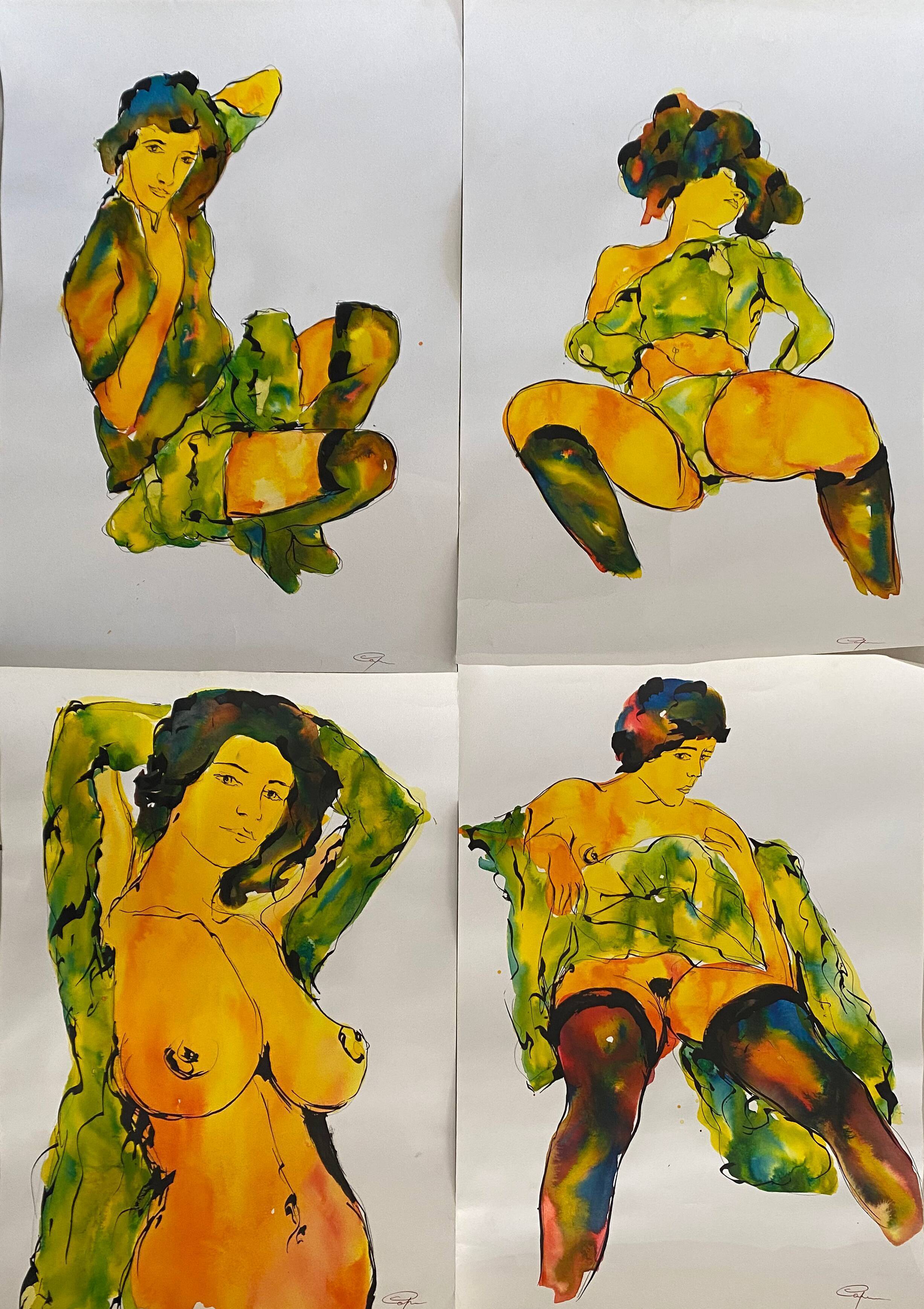 Paintings Set of 4 studies of nude of woman Ink dated 2012 signed Curiosa
