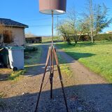 Wood and chrome tripod lamp