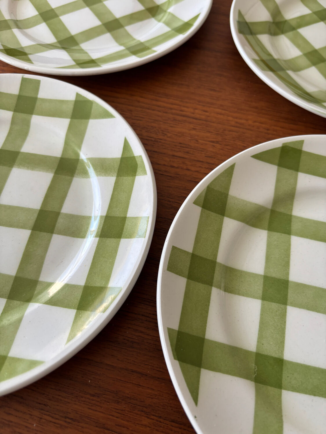 Lot of vintage checkered green dessert plates Moulin des Loups model.