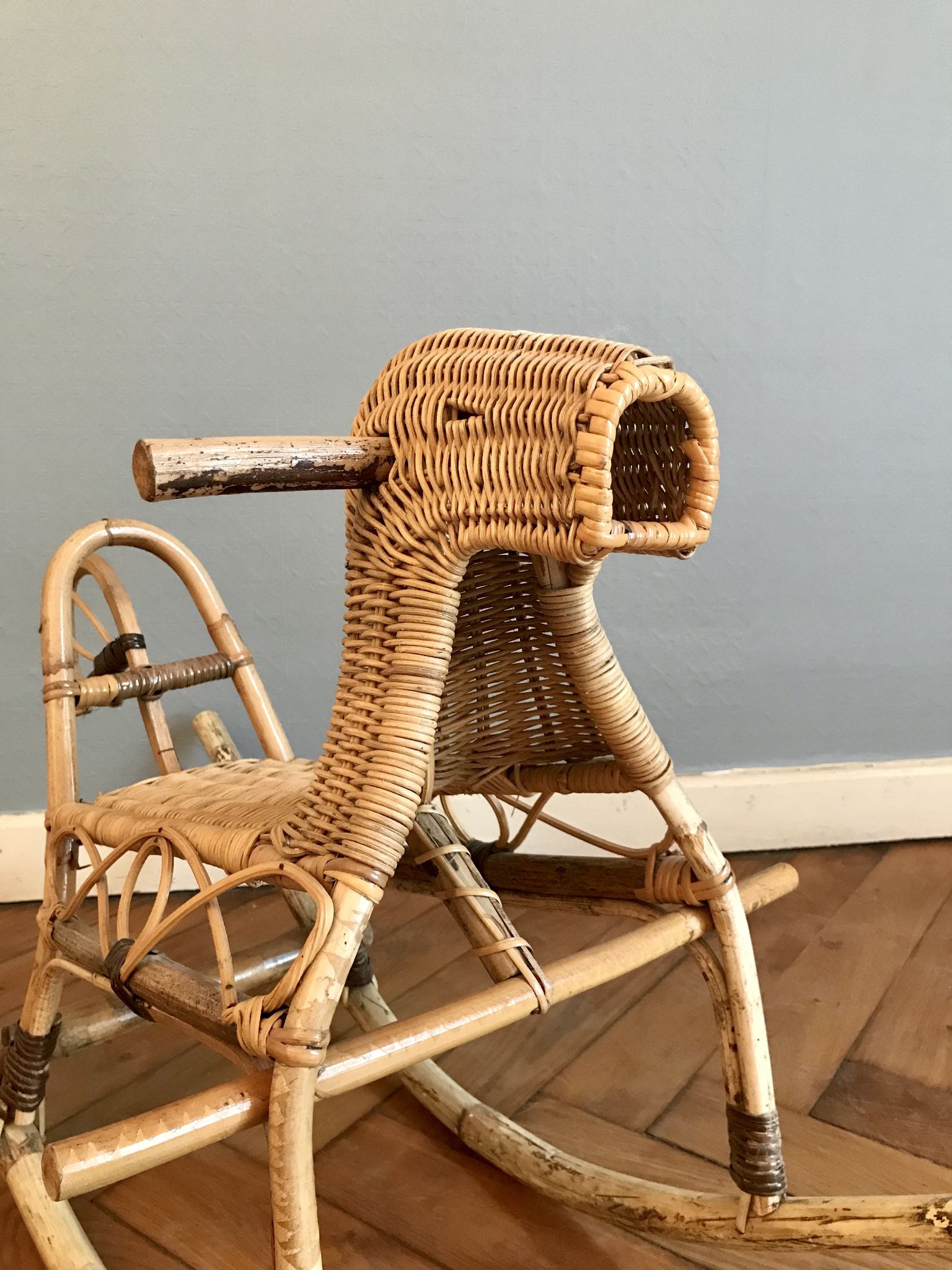 Rattan and bamboo rocking horse
