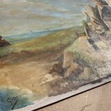 Pointe de Primel in Trégastel, oil painting on old cardboard