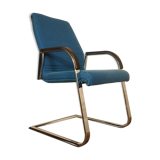Cantilever chair with chrome metal armrests & blue wool