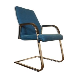 Cantilever chair with chrome metal armrests & blue wool