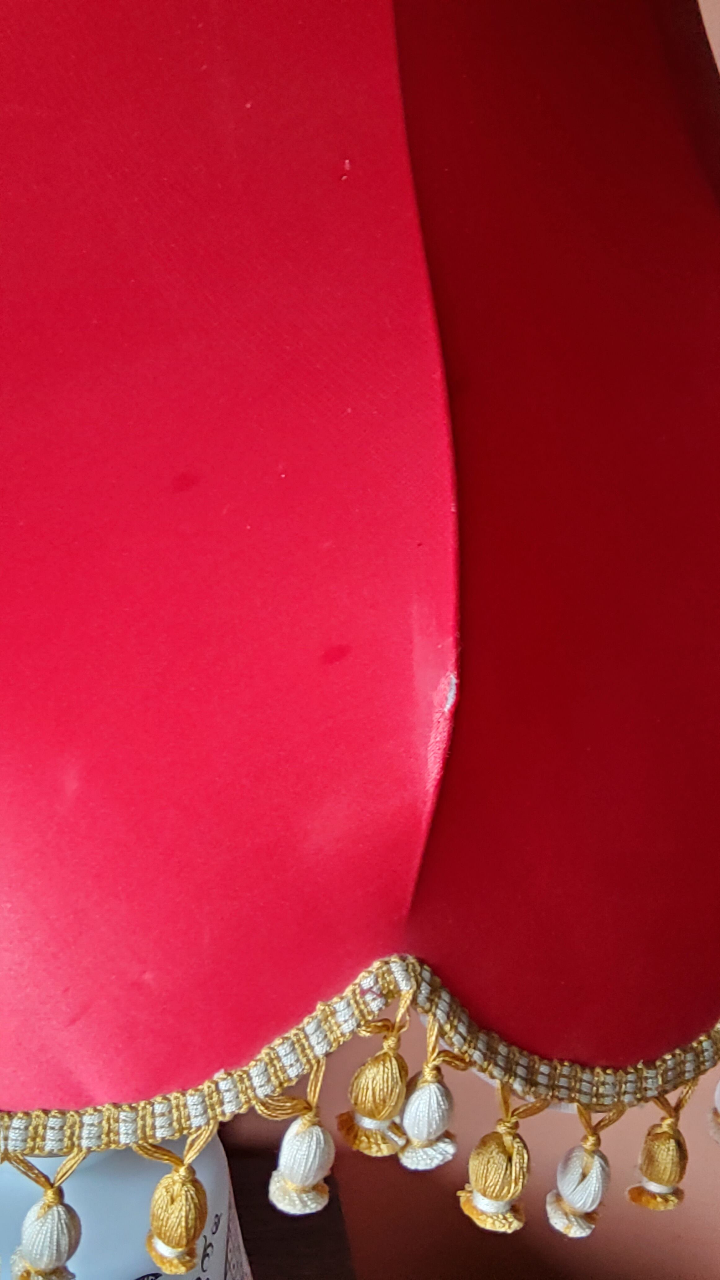 Vintage lamp of the 50s in white and golden opaline glass lampshade in red satin 75cm