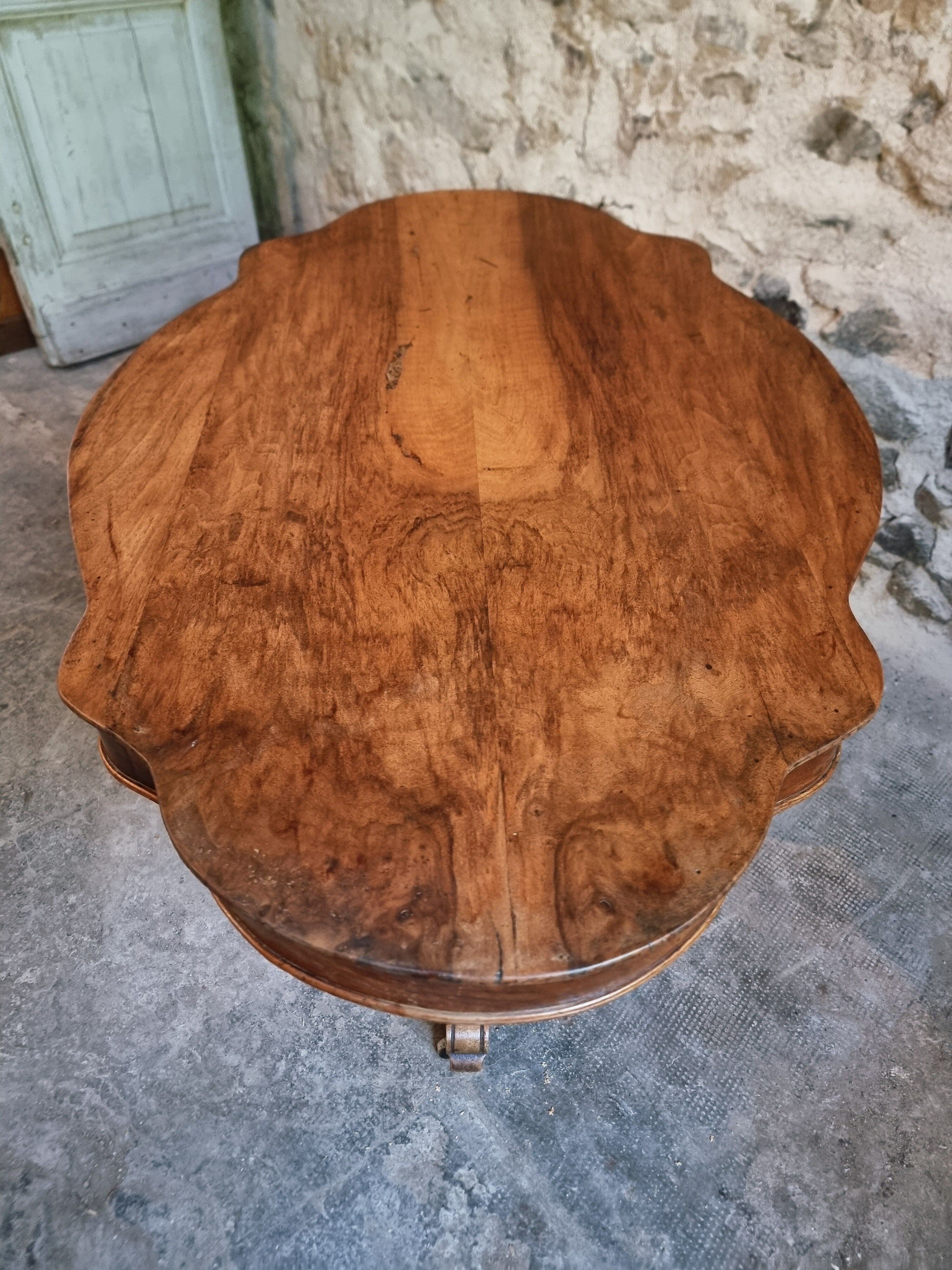 French antique walnut violin table, centre table with drawer, circa 1880–1900.