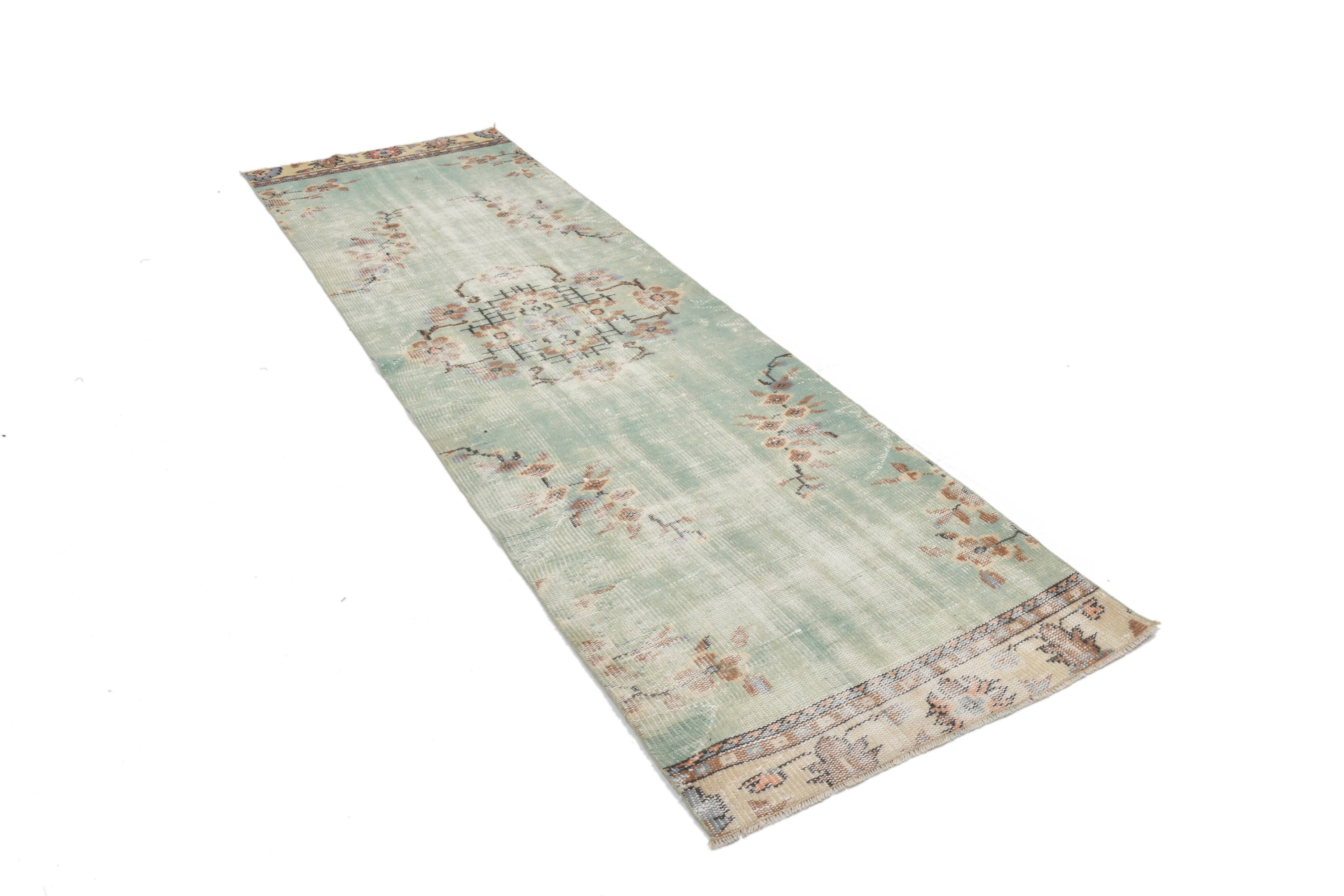 3x9 Light Green Persian Vintage Runner Rug, 81x282Cm