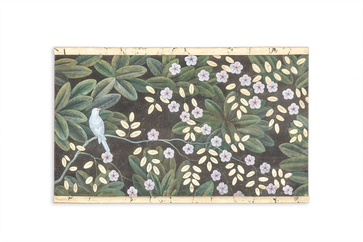 Painted canvas depicting flowers and birds. Contemporary work.