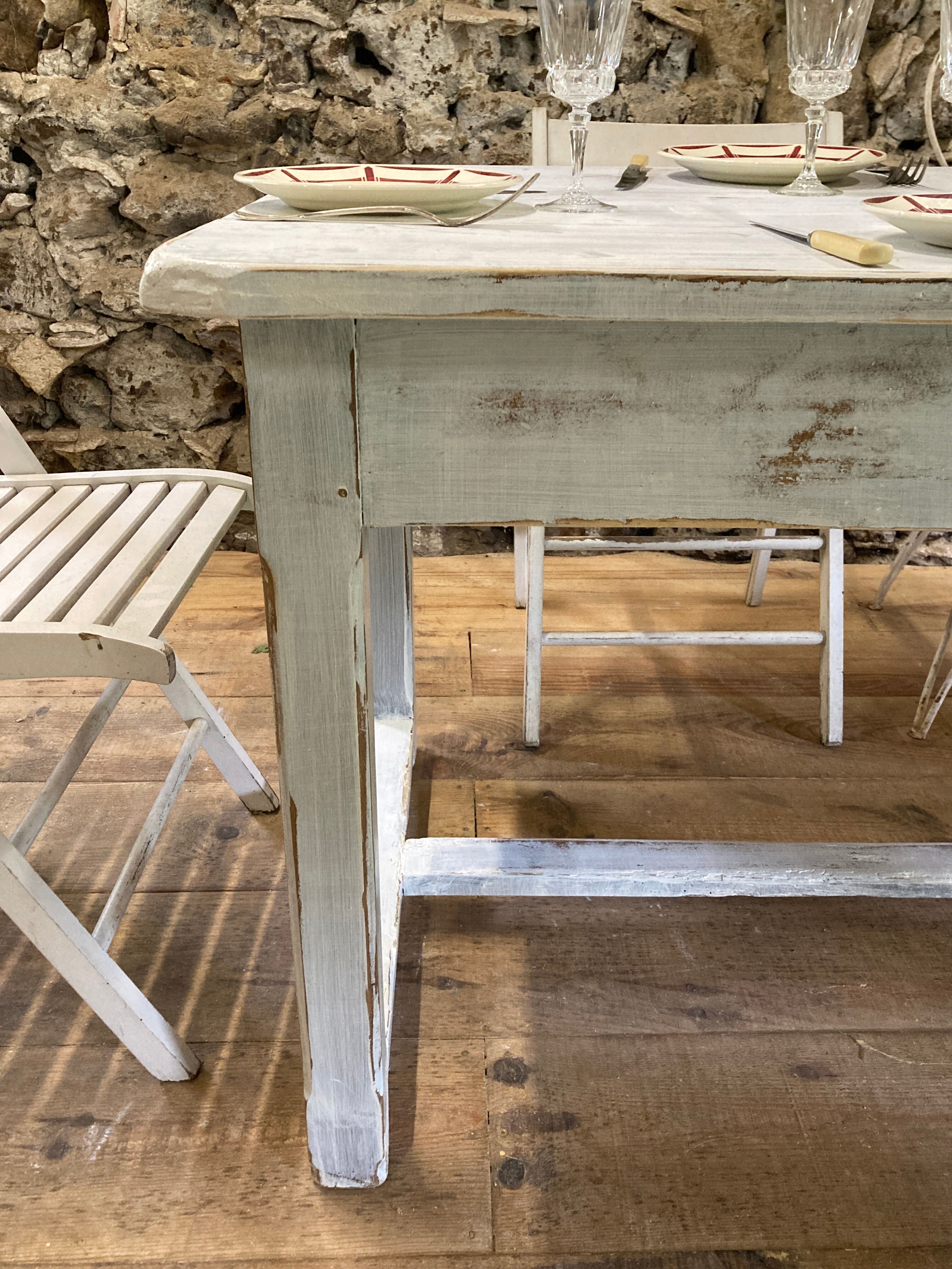 Farmhouse table 6 people white patinated in rectangular solid oak
