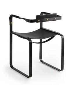 Armchair, smoked black steel and black leather, contemporary style.
