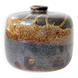 Round stoneware vase, brown and cream glaze, vintage handmade pottery