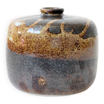 Vase rond en grès, glaçure marron et crème, poterie artisanale vintage