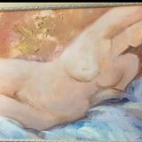 Peinture à l'huile vintage représentant une femme nue allongée du XXe siècle