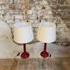 Brick/burgundy colored wooden bedside lamp duo