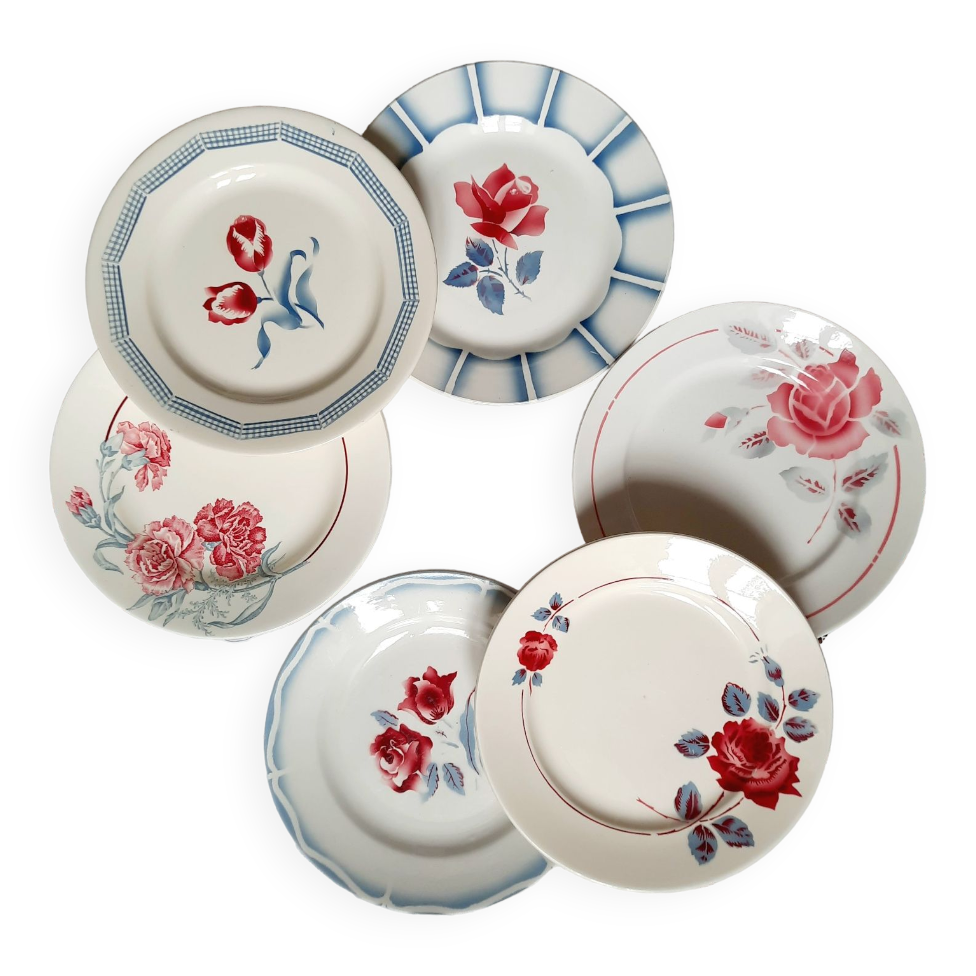 Old flat plates mismatched in earthenware