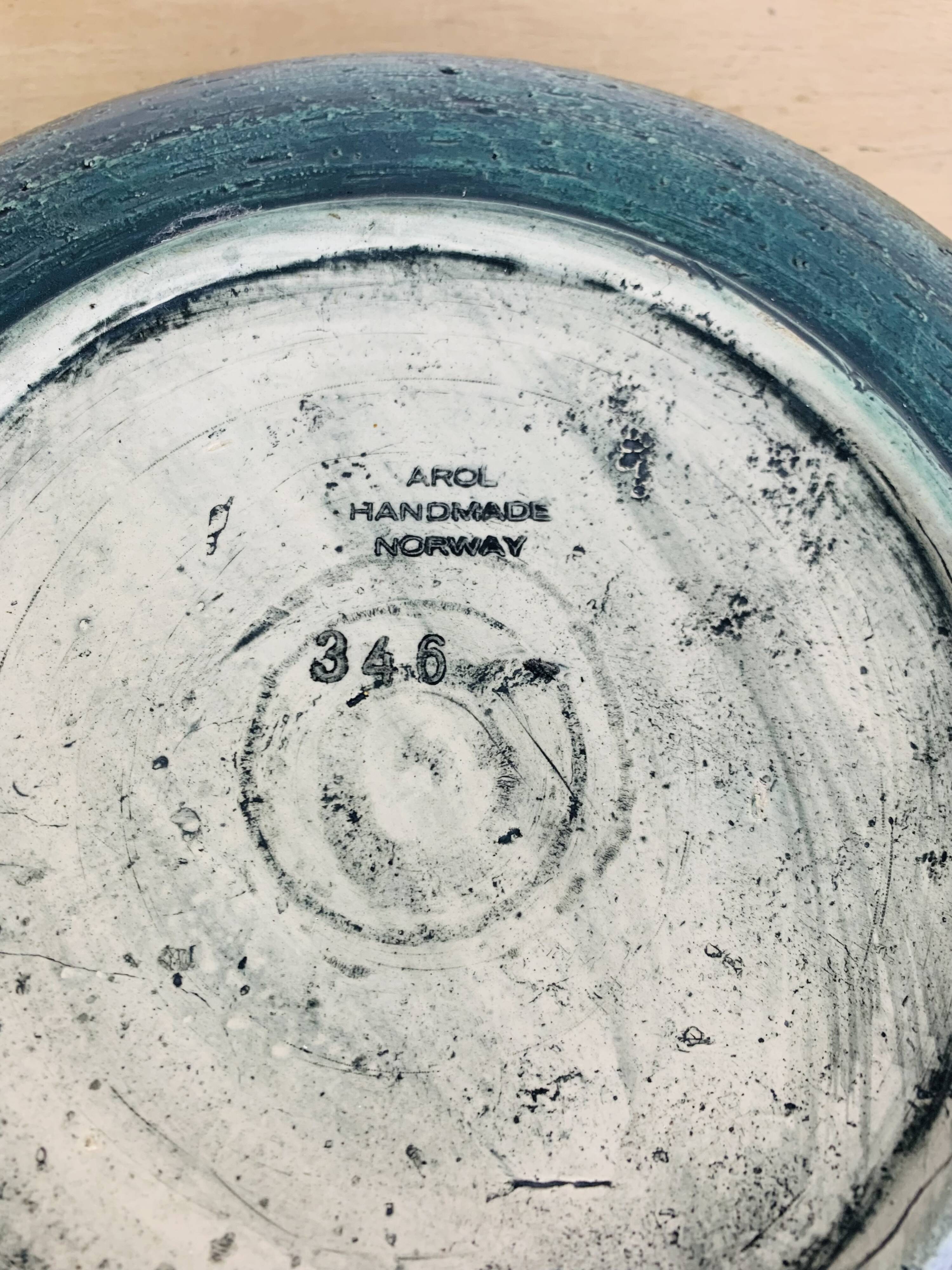 Round blue ceramic dish signed Arol Norway