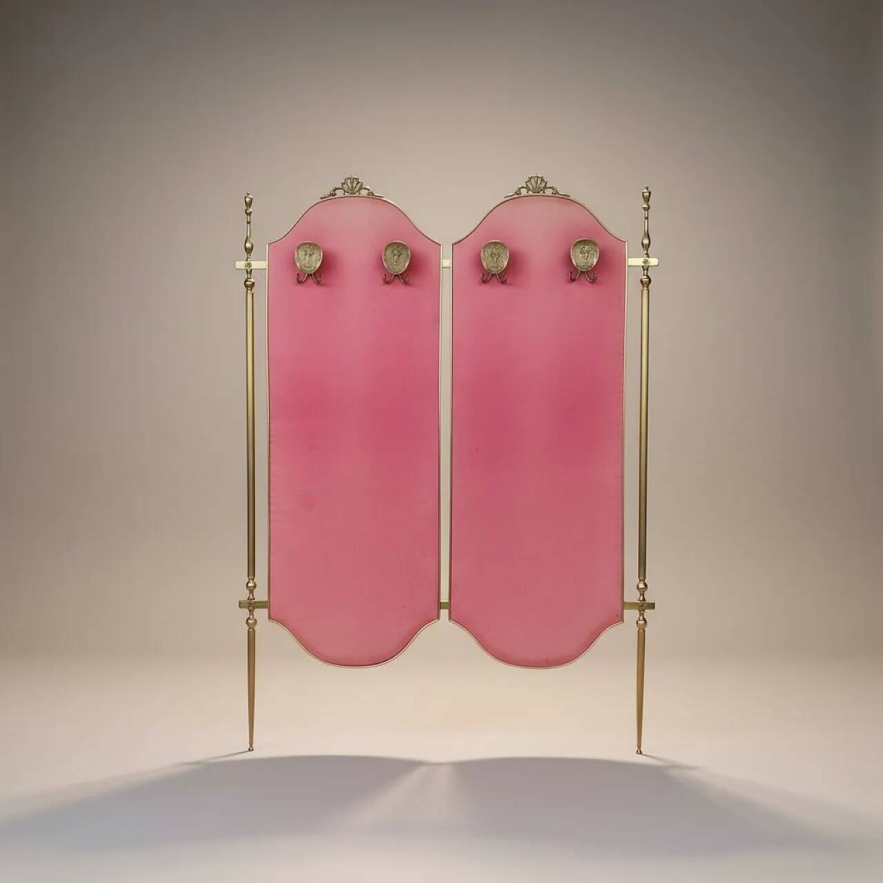 Italian coat rack in brass and red fabric, 1950s/60s.