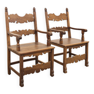 Pair of Italian Carved Wooden Armchairs, Lombardy, 1900s.