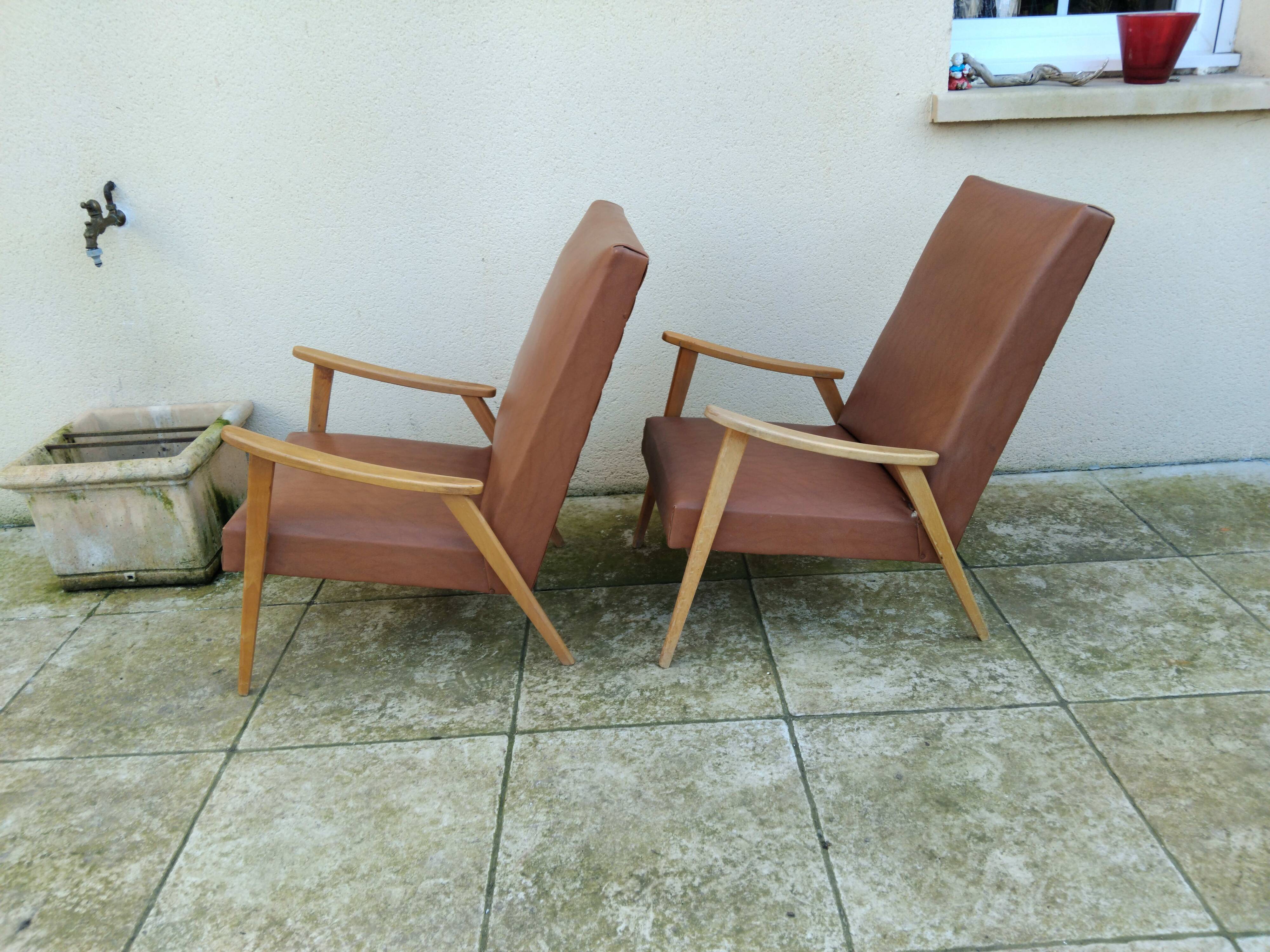 Paire de fauteuil vintage année 50 60 pieds compas scandinave