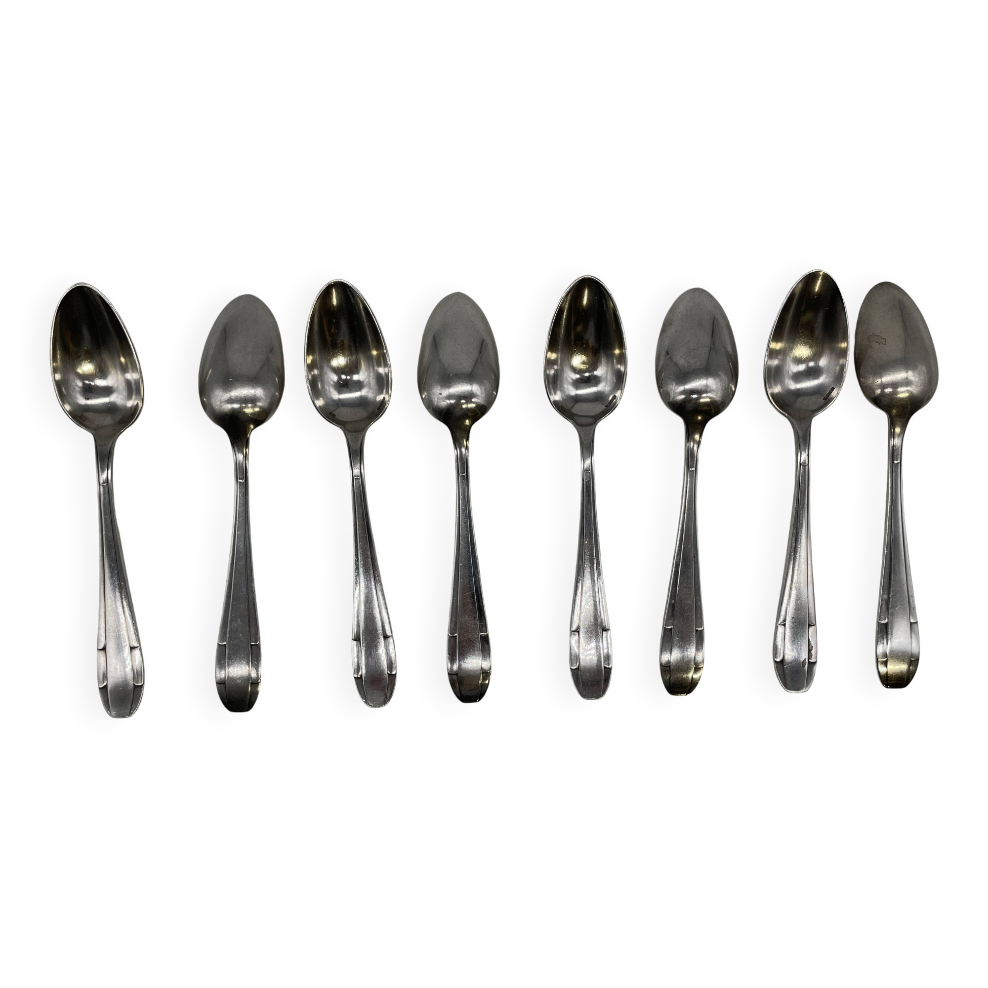 Set of 8 silver-plated metal teaspoons in Potfer Art Deco style.