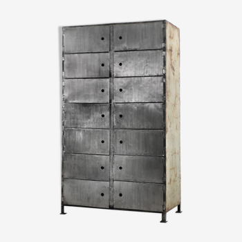 Vintage large factory raw industrial metal bank cabinet with 14 lockers, 1950s