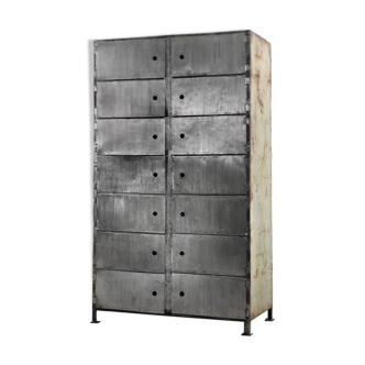 Vintage large factory raw industrial metal bank cabinet with 14 lockers, 1950s