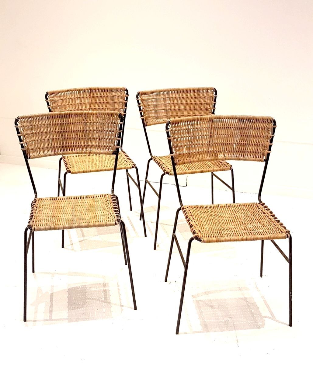 Set de 4 chaise de terrasse en rotin & fer forgé 1960s
