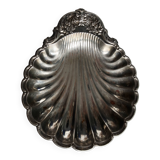 Large vintage shell-shaped platter in shiny silver-plated metal.