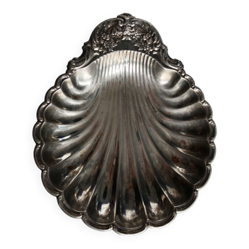 Grand plat vintage coquillage en métal argenté brillant