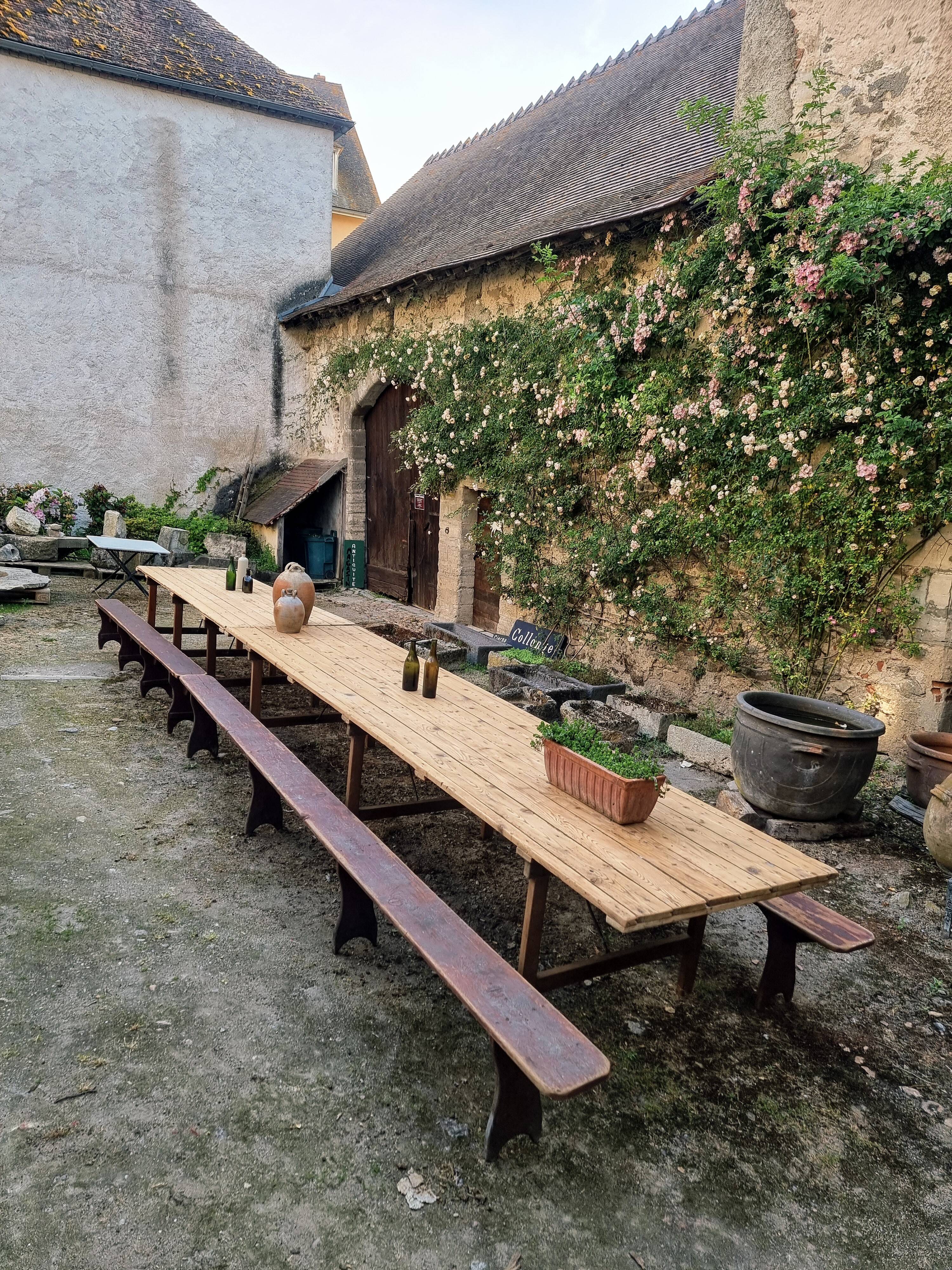 French antique garden dining table – XXL wine table with benches