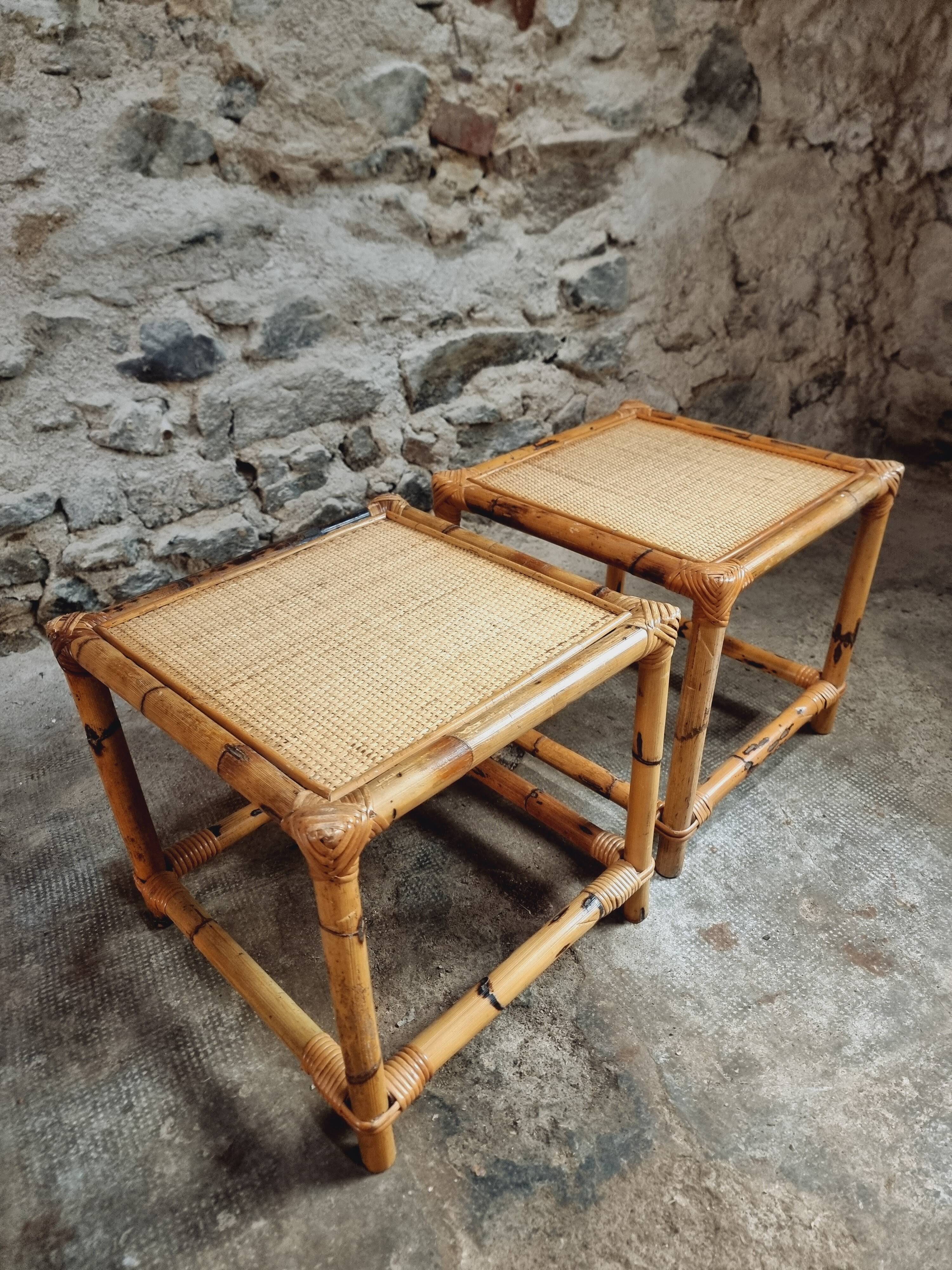 Vintage bamboo and rattan side tables – France, 1970s
