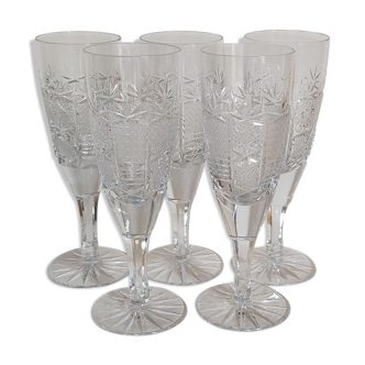 Five vintage cut crystal champagne flutes