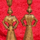 Pair of gilded beaten iron sculpture lamps attributed to Gilbert Poillerat