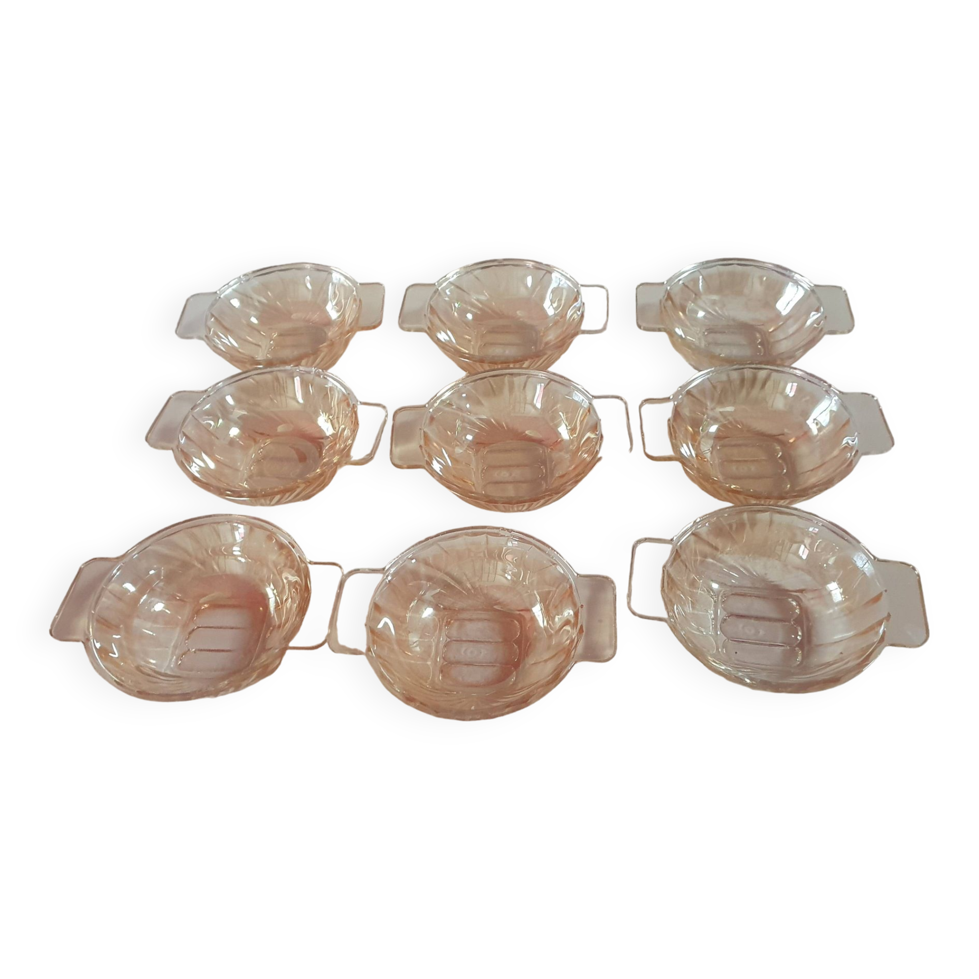 Set of 9 vintage amber glass bowl ramekins with handles