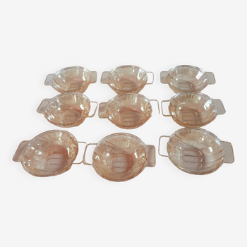 Set of 9 vintage amber glass bowl ramekins with handles