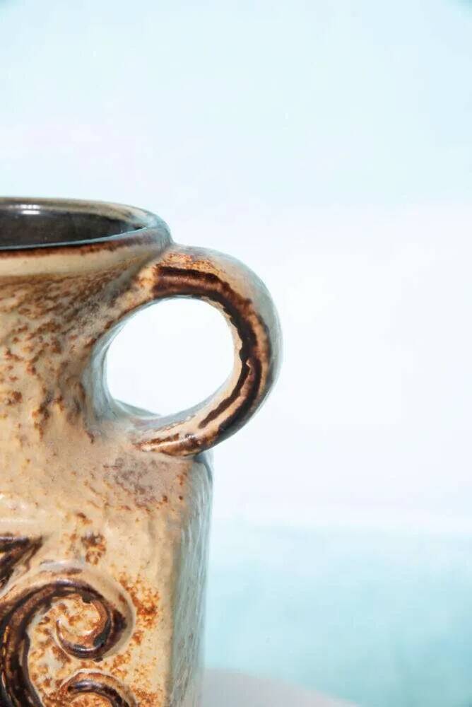 Vintage vase W-Germany, 1960s, thick lava vase with flowers.