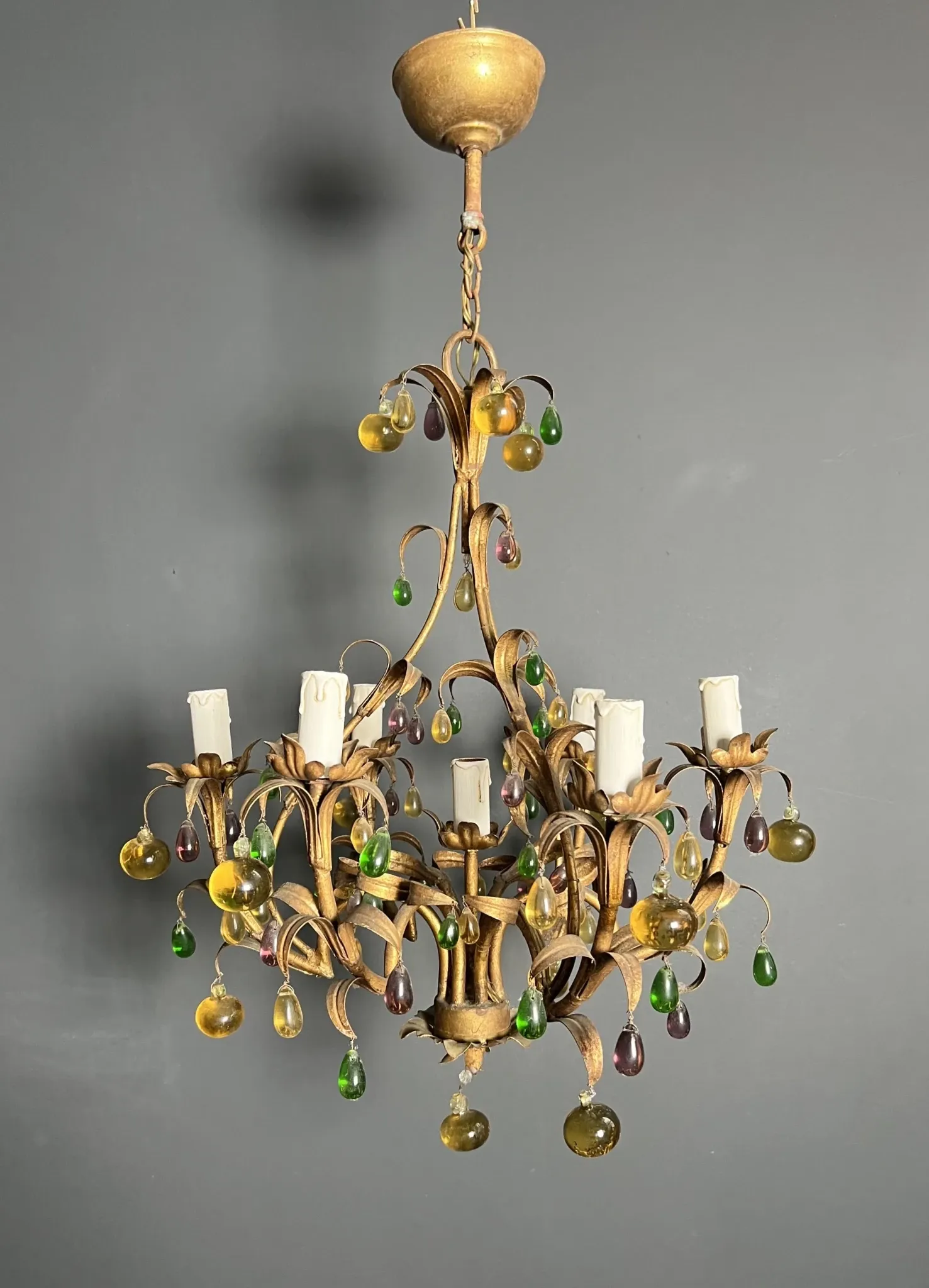 Golden Metal Cage with Leaf and Multi-Coloured Glass Fruit Decoration