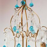 Italian chandelier in gold metal and blue crystal drops