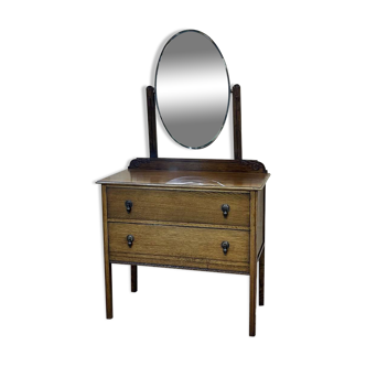 Coiffeuse anglaise en chêne des années 1930 avec un miroir ovale biseauté