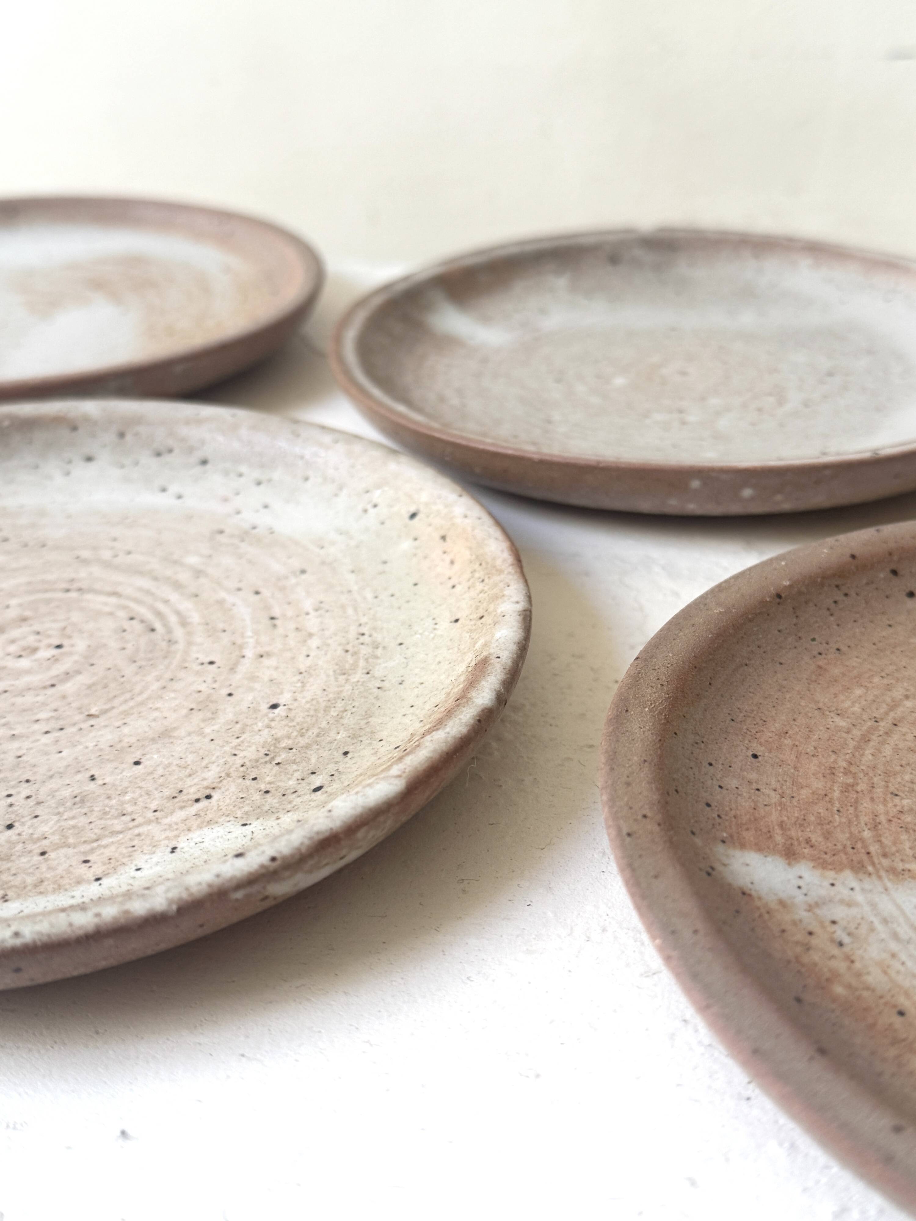 handmade ceramic dessert service in pyrite beige stoneware, France 1950