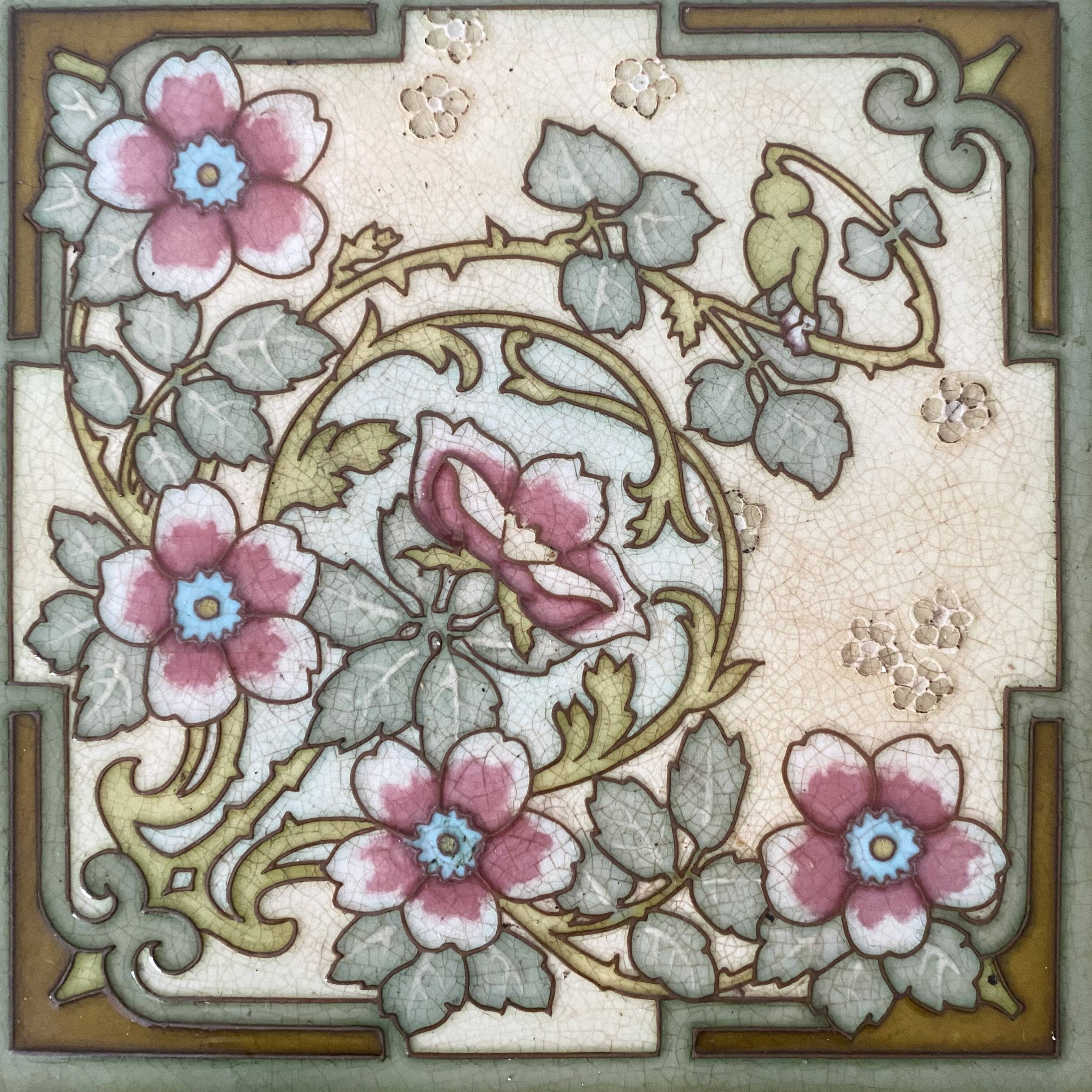 Art Nouveau wood and ceramic trivet