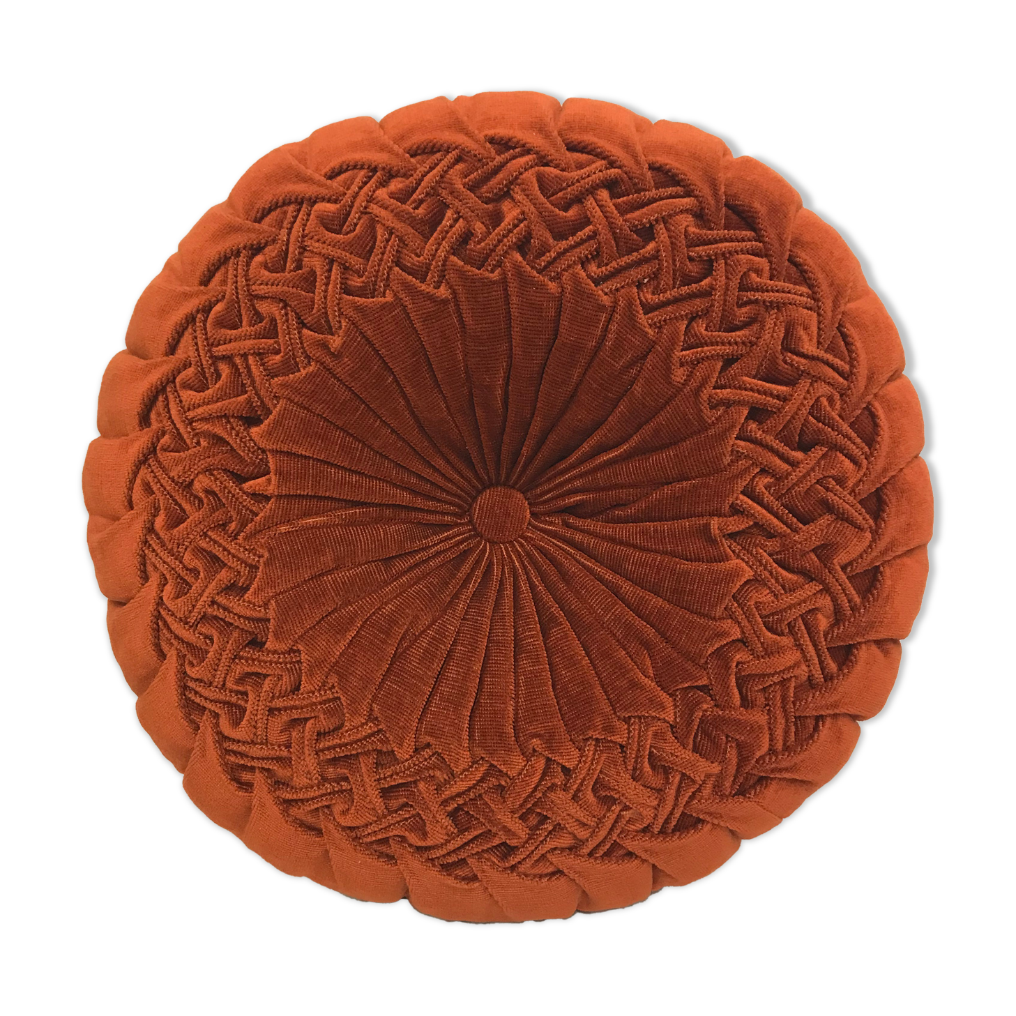 Round pleated cushion in vintage ribside velvet