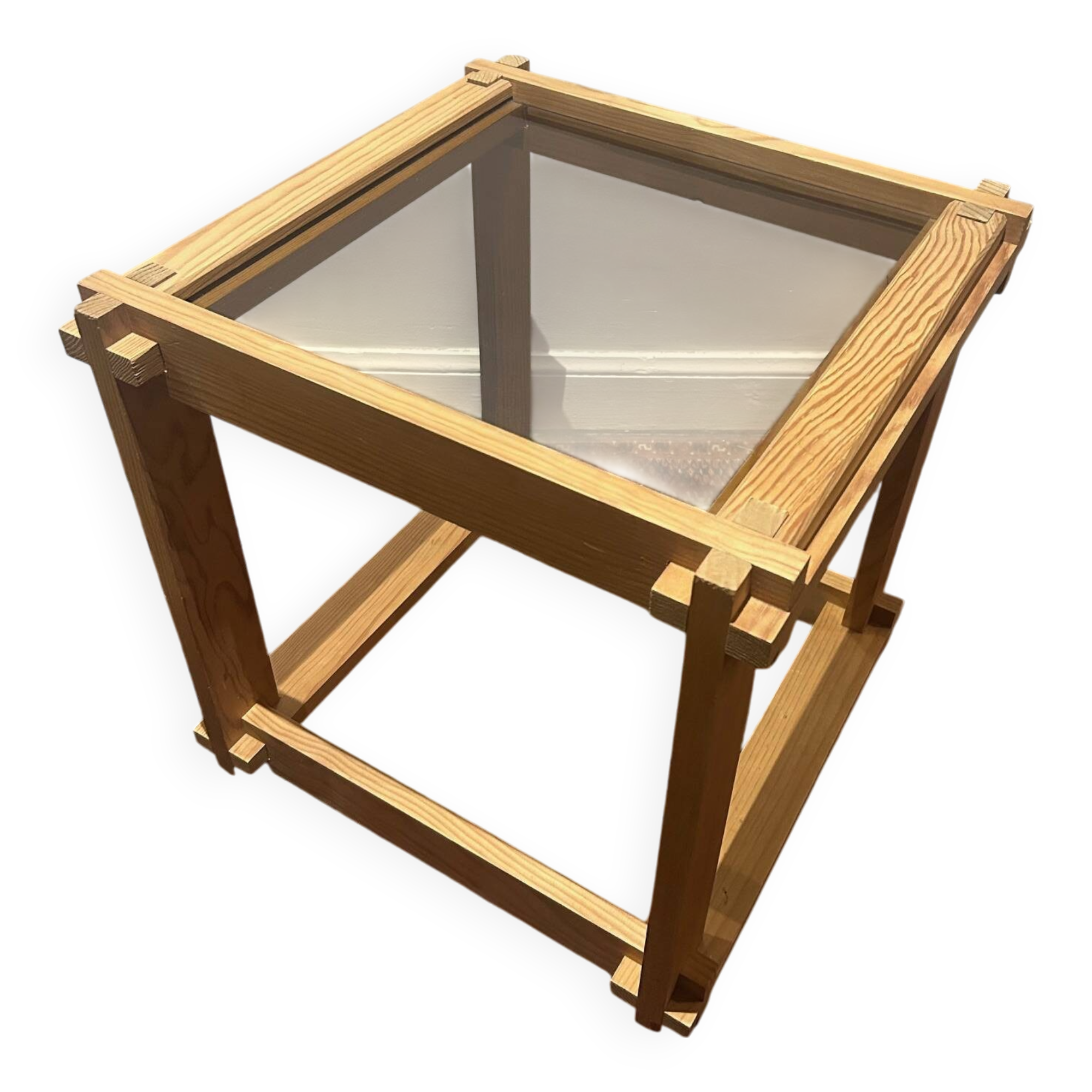 Brutalist table in wood and smoked glass