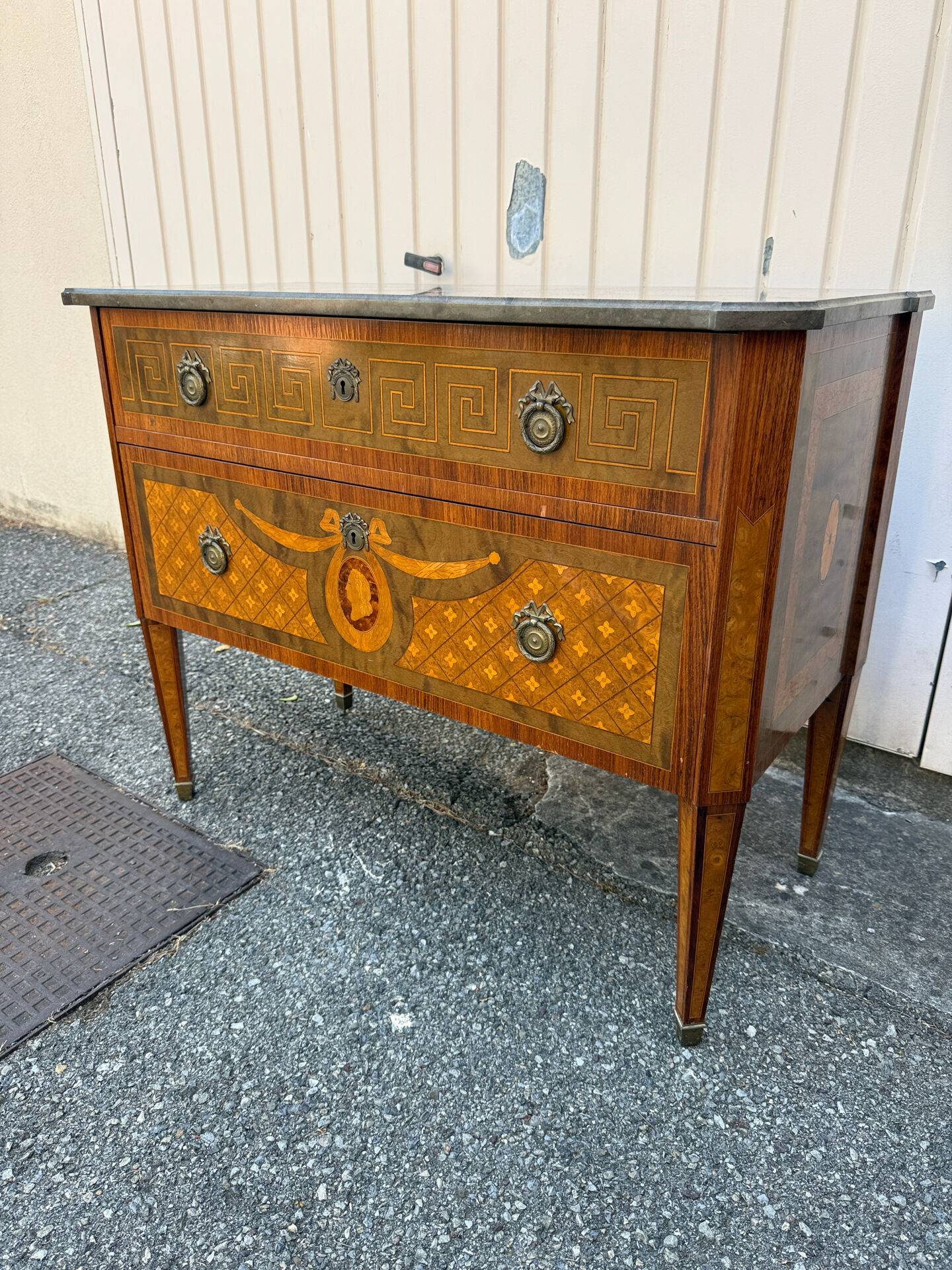 Louis XVI style commode in marquetry, 20th century – Marble top