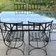 Table de terrasse plateau en verre + 6 chaises en fer forgé