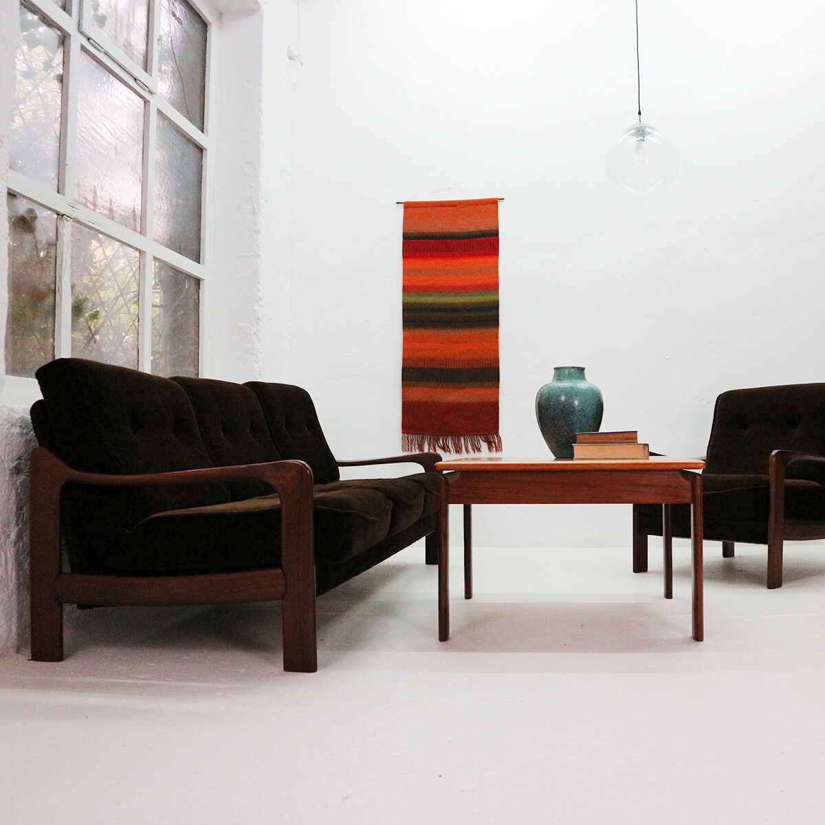 '70s teak sofa with brown velvet covers