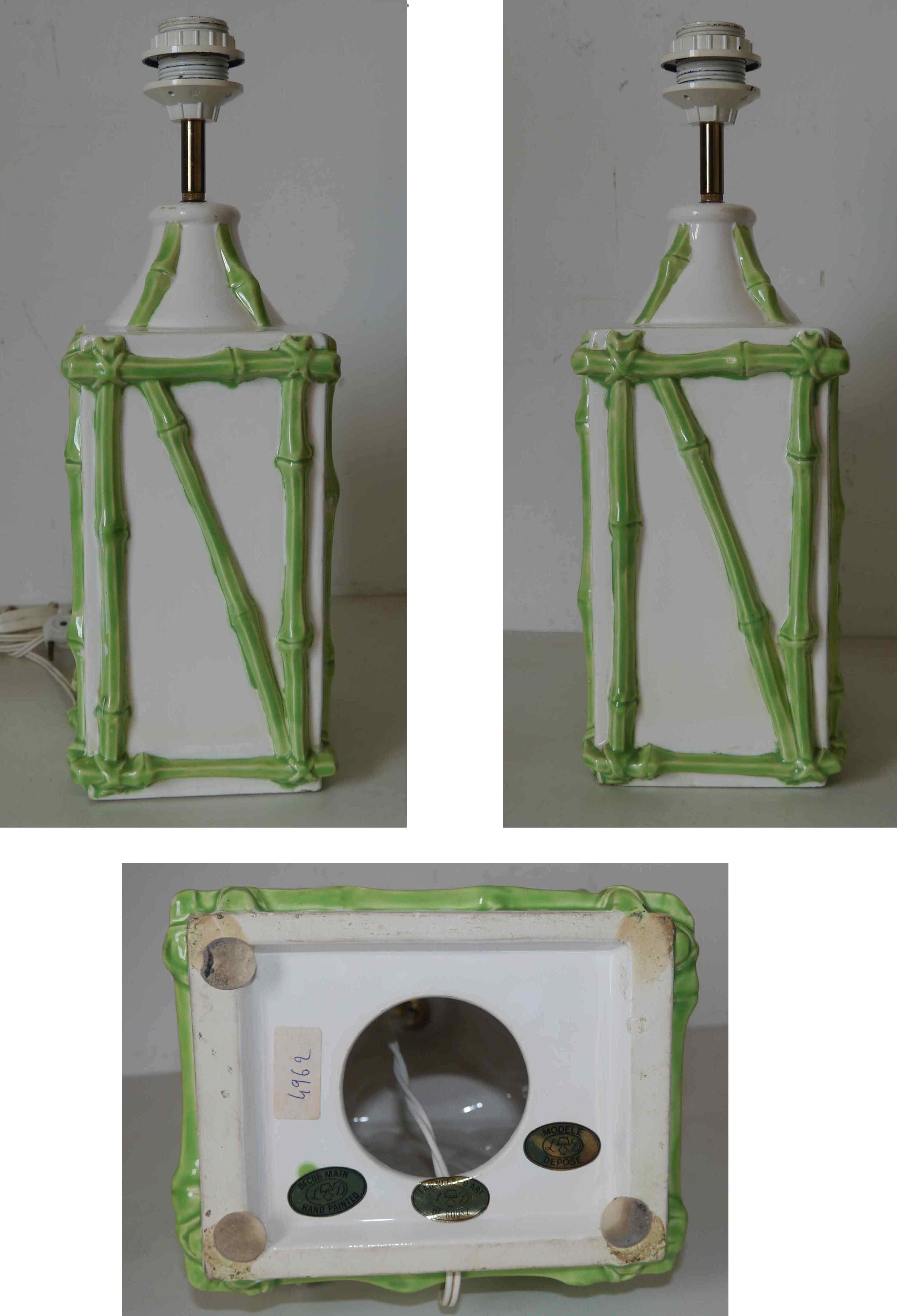 Old vintage lamp base bamboo decoration "Faience of Rodez"