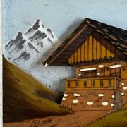 Tableau alpin vintage en bois sculpté et peint - signé