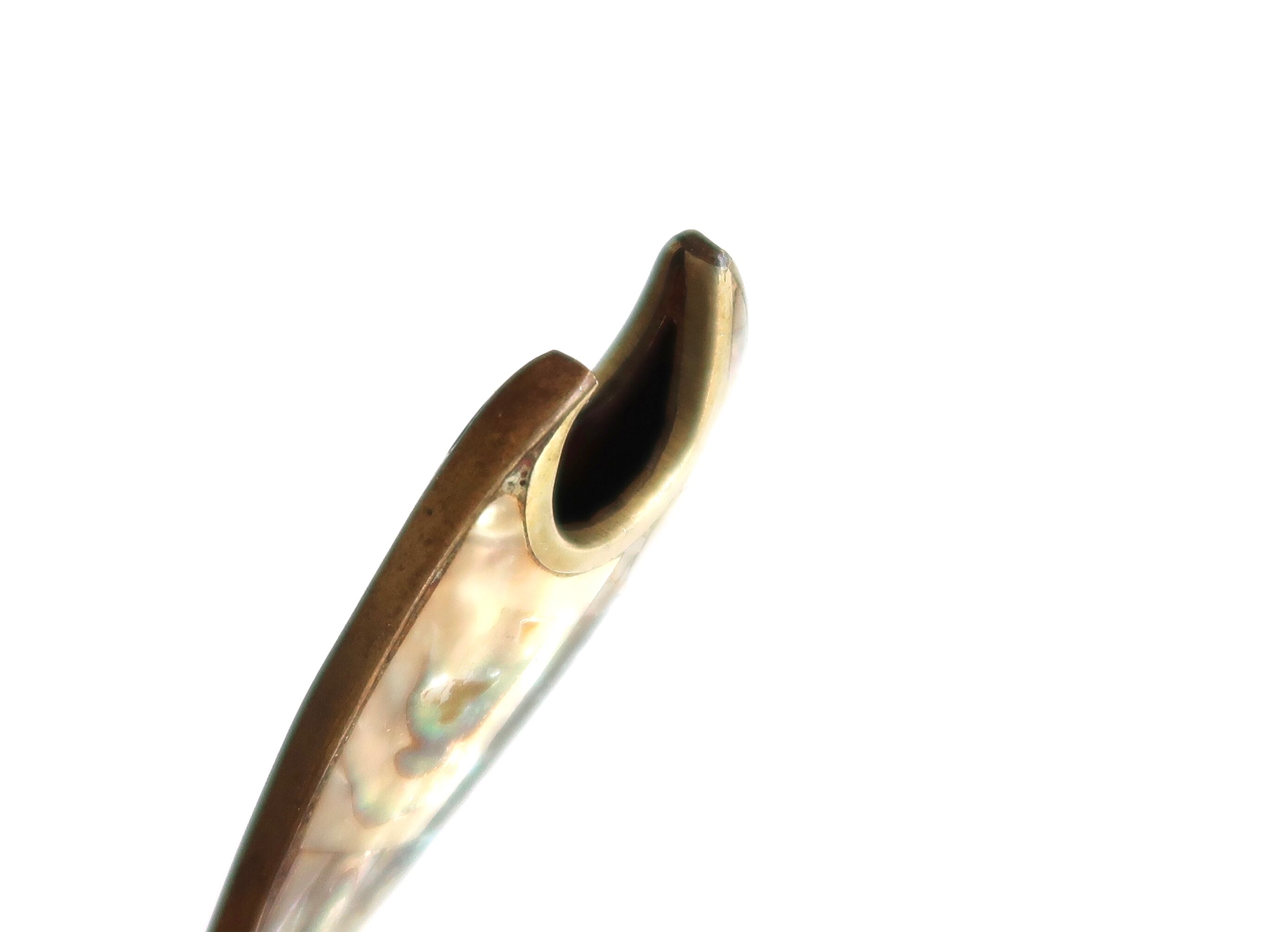 Mexican fish bottle opener in mother-of-pearl and brass, 50s