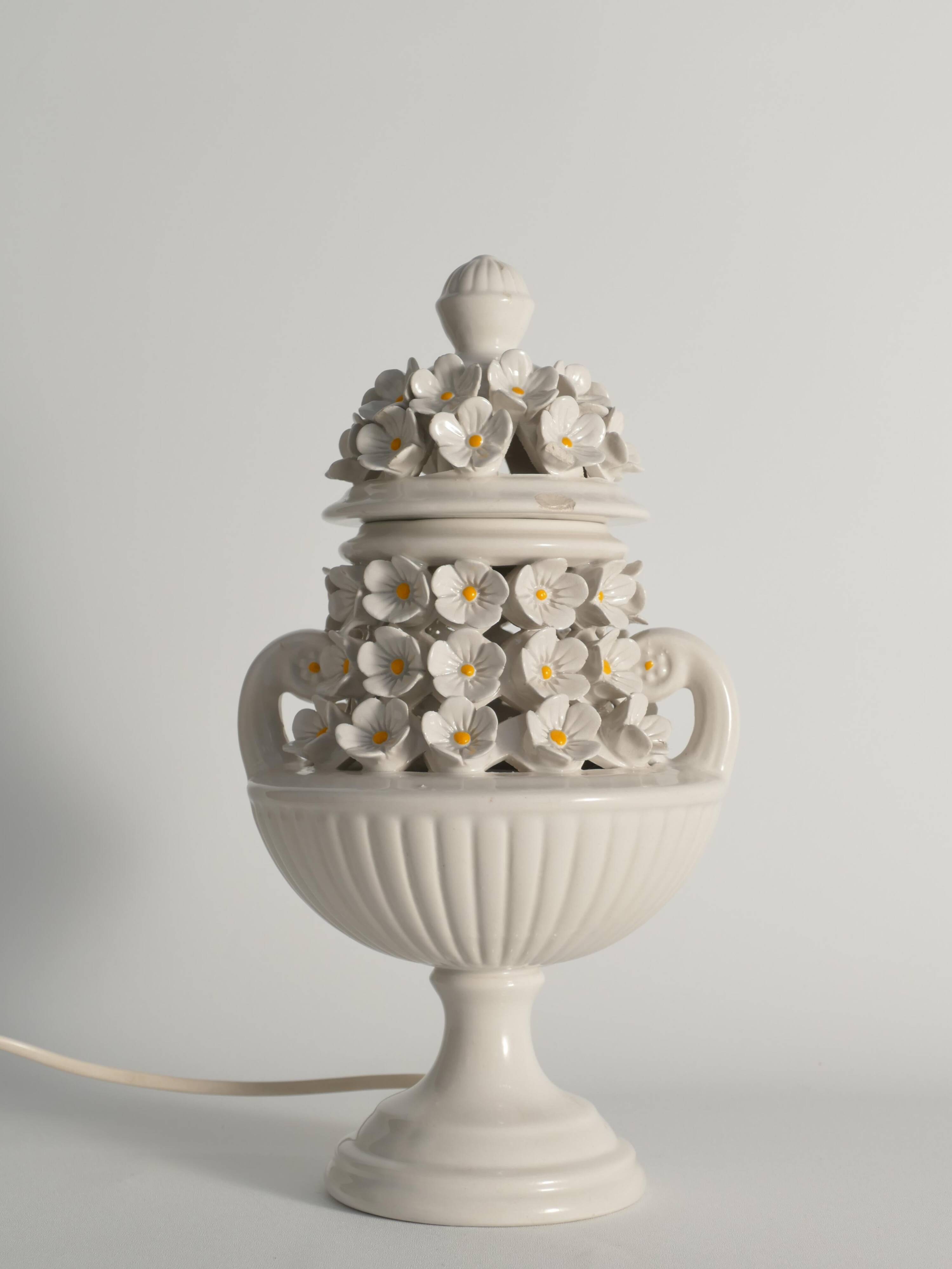 White Ceramic Table Lamp with Flower Motif, Italy 1960s